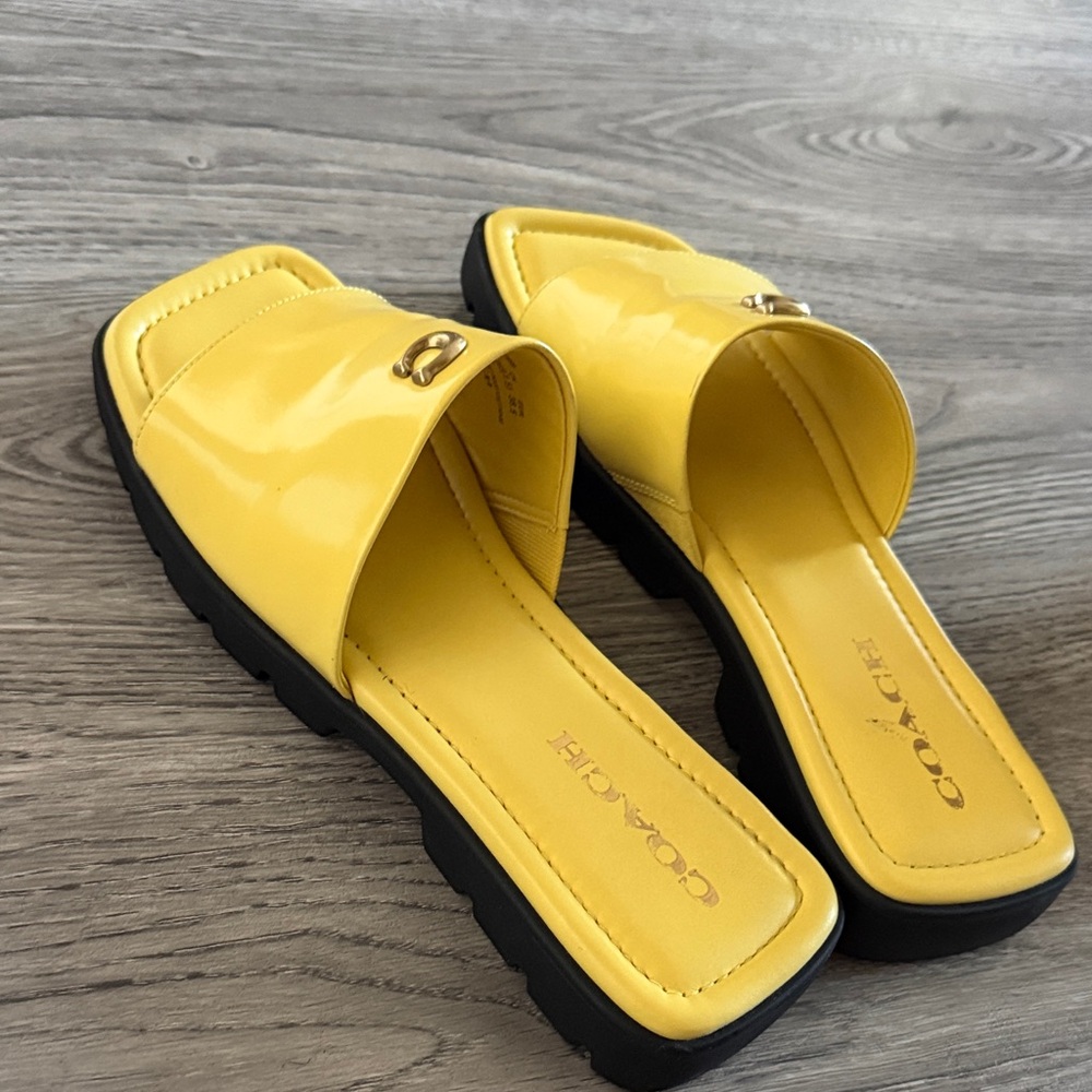 Coach FlorenceYellow Patent Square-Toe Slide Sandals - Picture 3 of 3